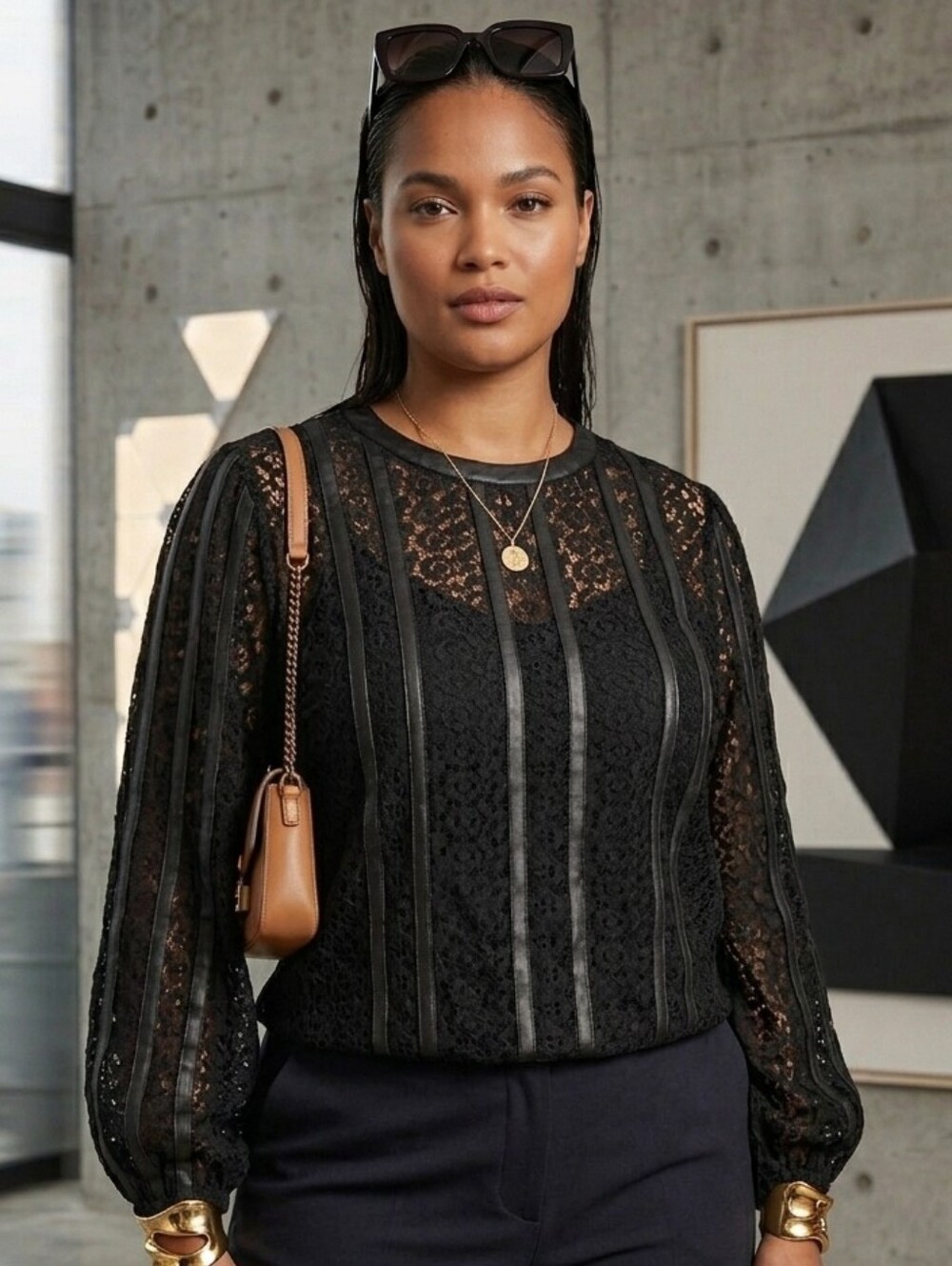 Express NWT Black Lace Faux Leather Striped Balloon Sleeve Top XL